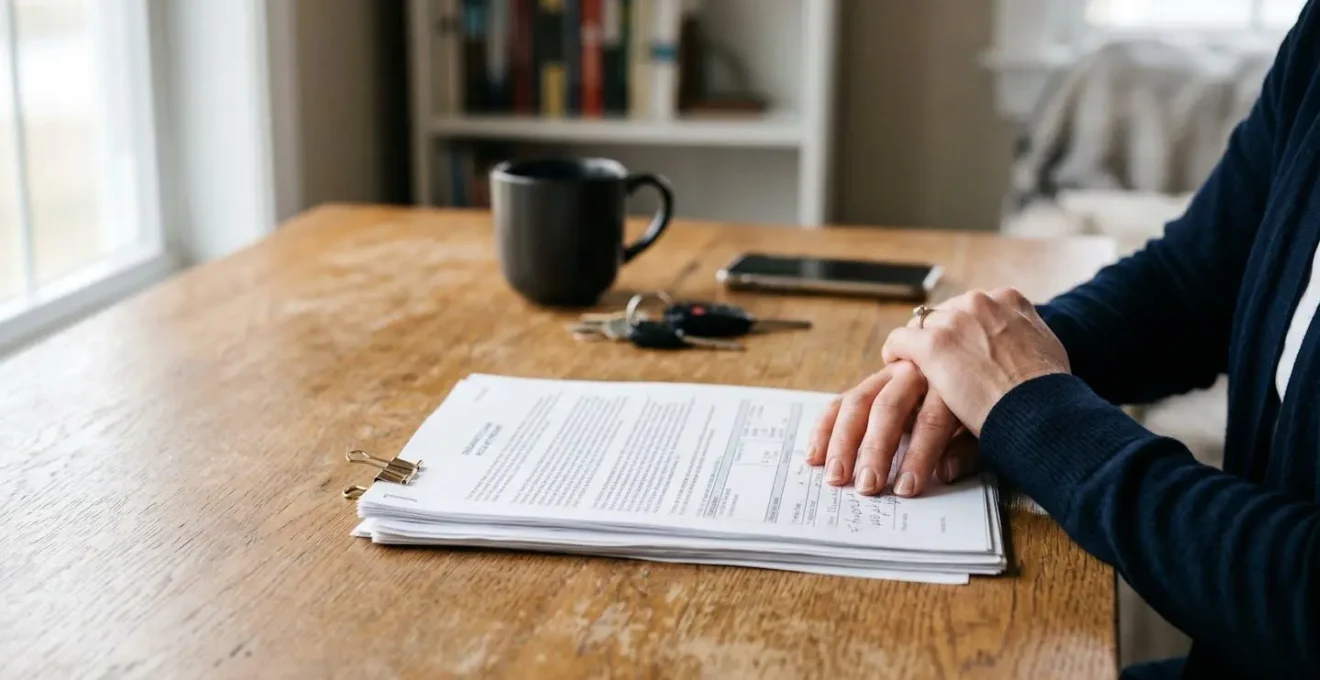 Conducteur consulte documents assurance après accident, atmosphere de concentration et determination