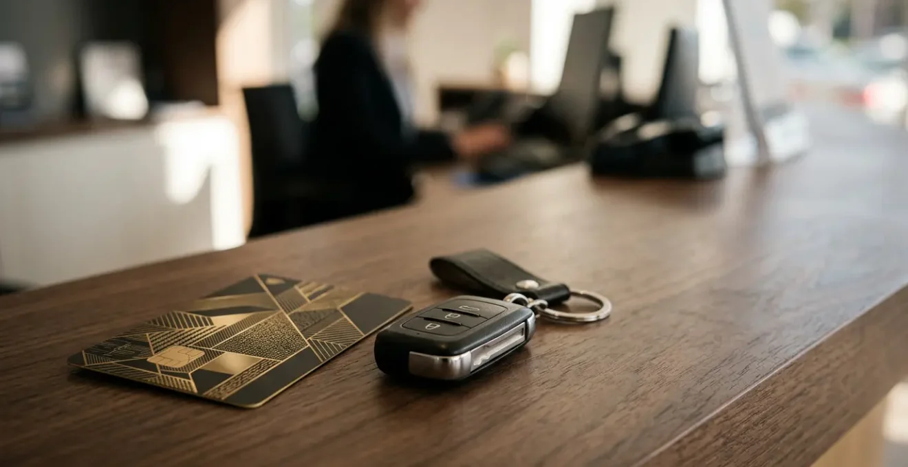 Carte bancaire premium posée près d'une clé de voiture sur un comptoir moderne