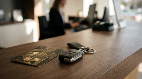 Carte bancaire premium posée près d'une clé de voiture sur un comptoir moderne