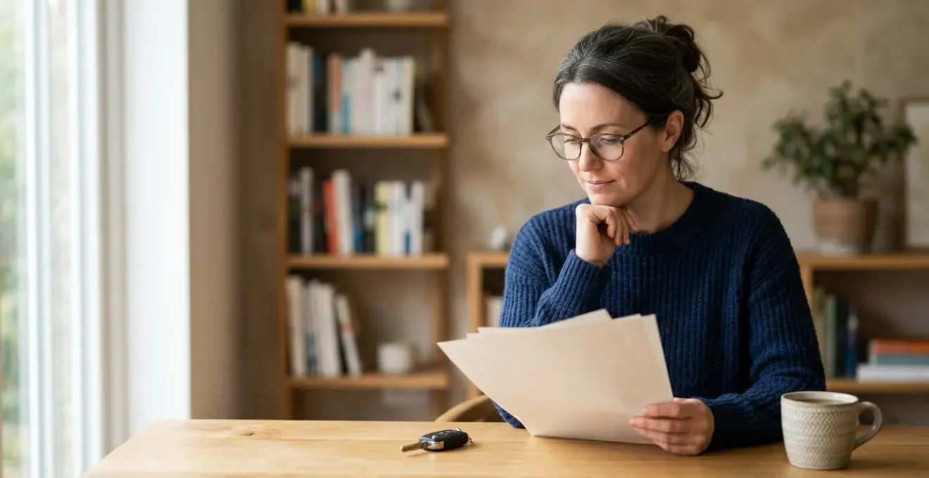 Conducteur analysant des documents d'assurance automobile pour véhicule d'occasion