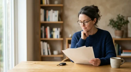 Conducteur analysant des documents d'assurance automobile pour véhicule d'occasion