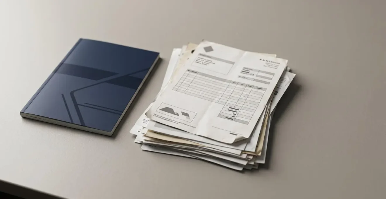 Gros plan sur des documents automobiles authentiques disposés avec soin sur une surface neutre