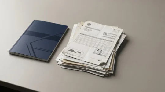 Gros plan sur des documents automobiles authentiques disposés avec soin sur une surface neutre