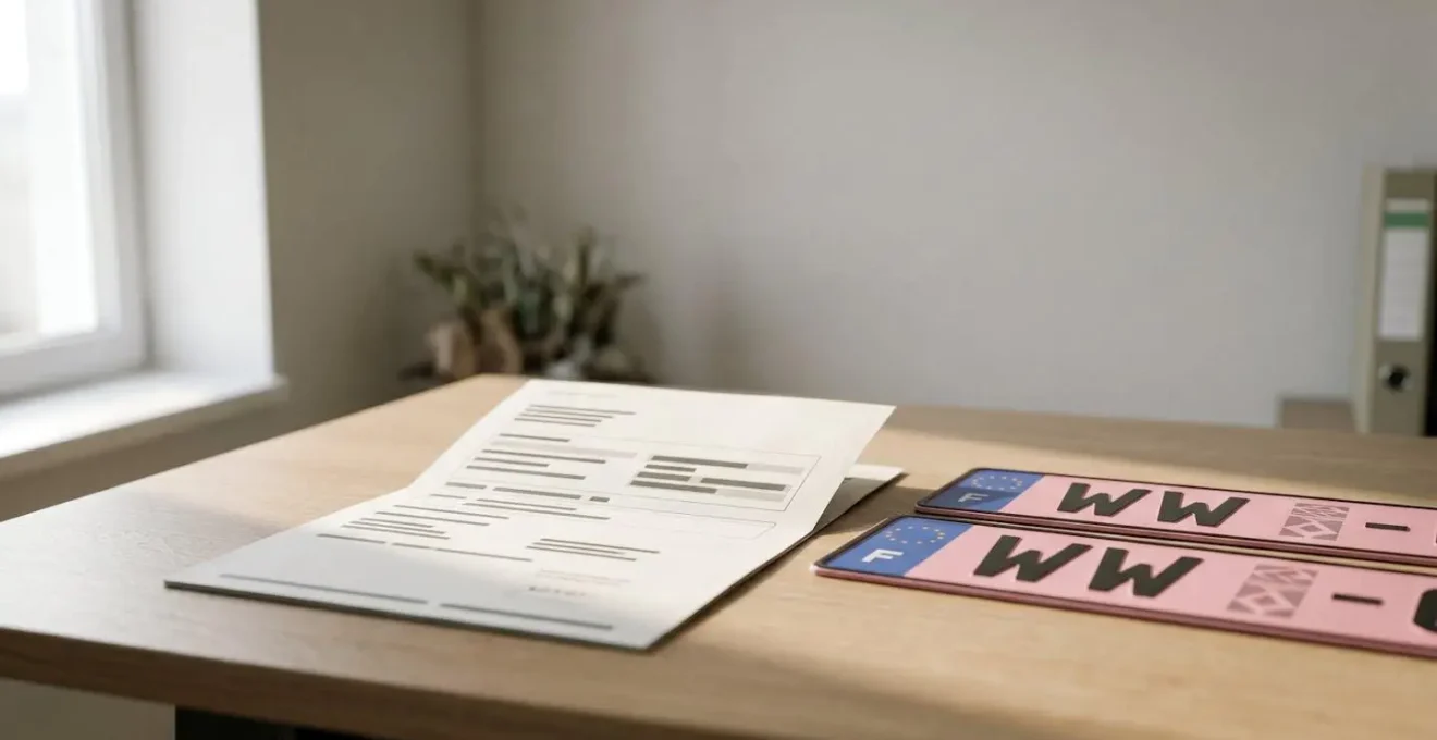 Certificat provisoire d'immatriculation WW français avec plaques roses temporaires sur fond administratif épuré