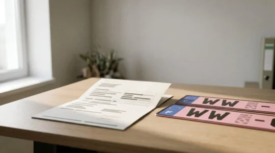 Certificat provisoire d'immatriculation WW français avec plaques roses temporaires sur fond administratif épuré