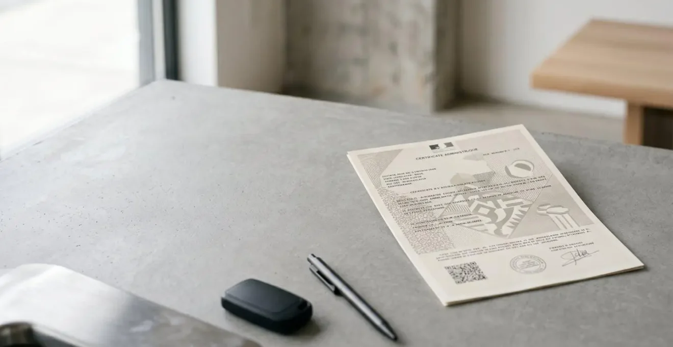 Document officiel de certificat de situation administrative posé sur une surface épurée, vérifiant l'historique d'un véhicule d'occasion