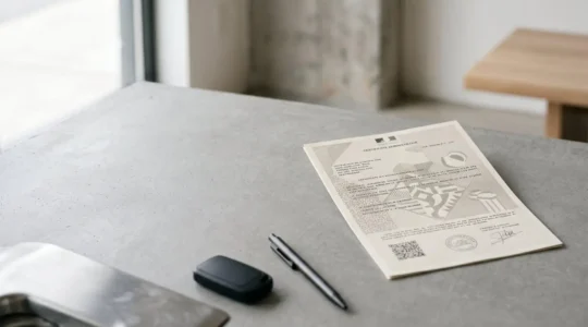 Document officiel de certificat de situation administrative posé sur une surface épurée, vérifiant l'historique d'un véhicule d'occasion