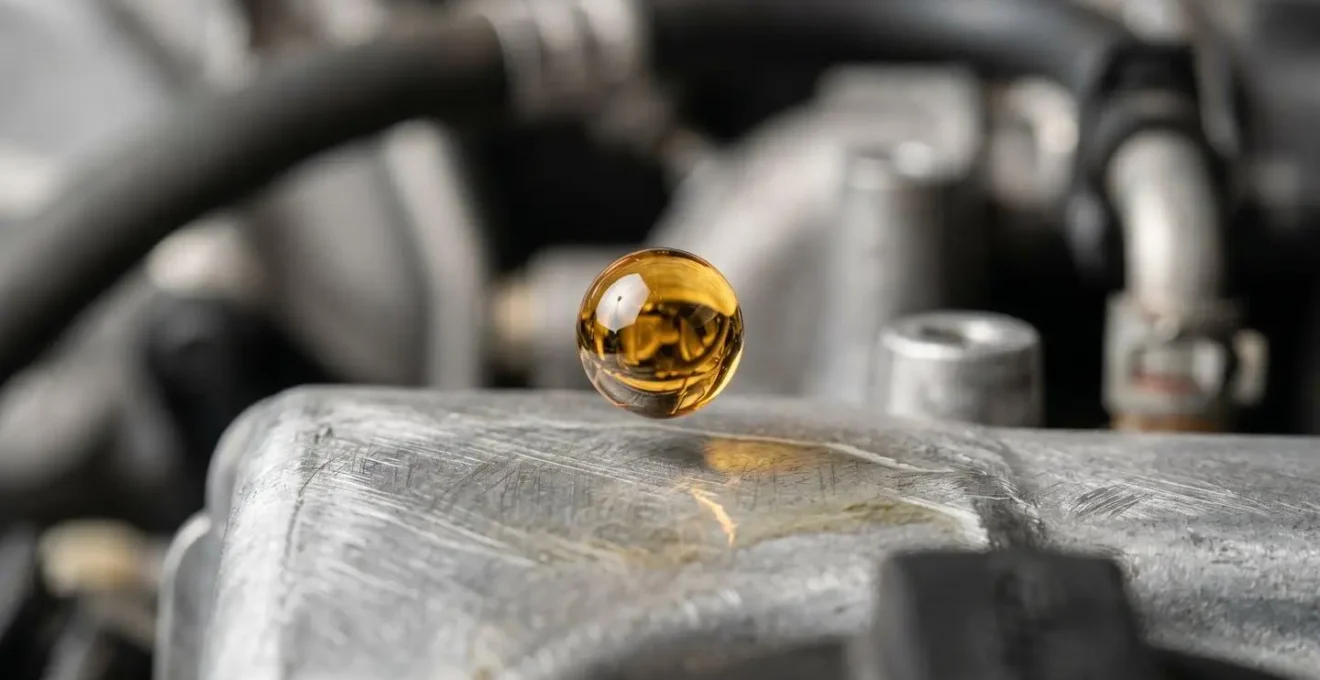 Gros plan sur un bidon d'huile moteur moderne avec graduation de viscosité et moteur automobile en arrière-plan flou