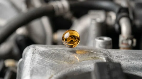 Gros plan sur un bidon d'huile moteur moderne avec graduation de viscosité et moteur automobile en arrière-plan flou