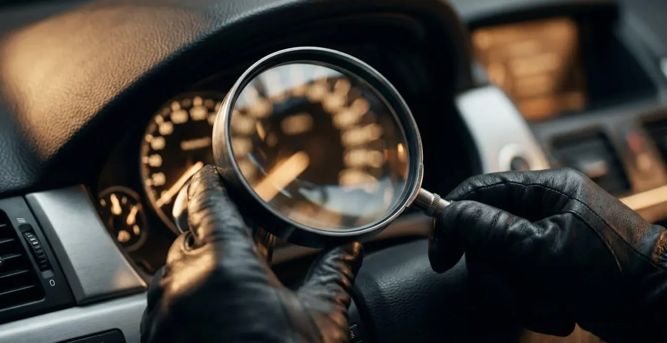 Vérification minutieuse d'un compteur kilométrique de voiture d'occasion