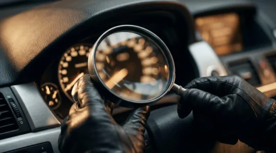 Vérification minutieuse d'un compteur kilométrique de voiture d'occasion