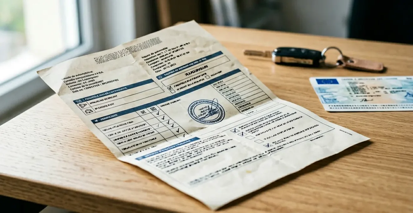 Document de contrôle technique automobile sur une table avec clés de voiture et carte grise en arrière-plan flou