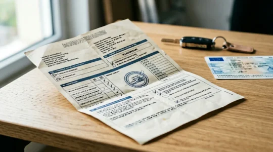 Document de contrôle technique automobile sur une table avec clés de voiture et carte grise en arrière-plan flou