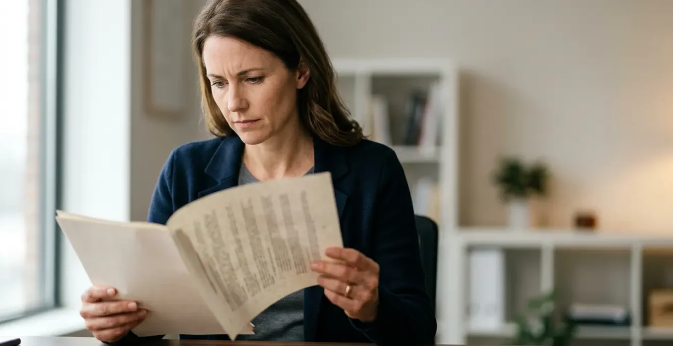 Professionnel examinant attentivement un contrat d'assurance automobile dans un environnement de bureau épuré