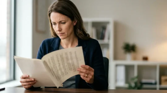 Professionnel examinant attentivement un contrat d'assurance automobile dans un environnement de bureau épuré