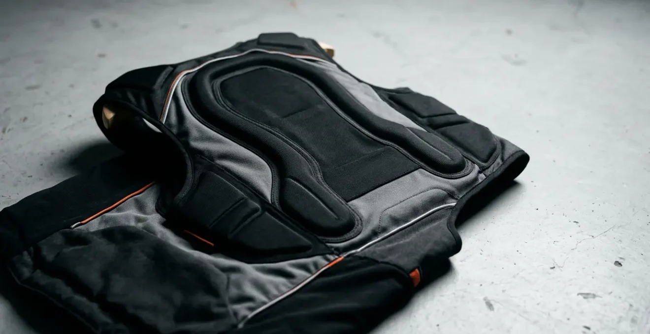 Détail photographique d'un gilet airbag moto moderne montrant la technologie de protection pour motards