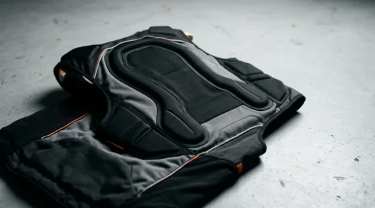 Détail photographique d'un gilet airbag moto moderne montrant la technologie de protection pour motards