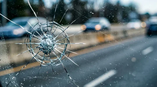 Gros plan sur un impact de pare-brise avec des reflets de route en arrière-plan