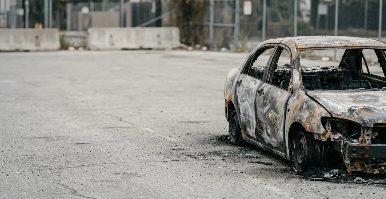 Véhicule automobile endommagé par un incendie avec traces de combustion sur la carrosserie