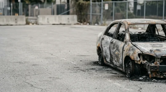 Véhicule automobile endommagé par un incendie avec traces de combustion sur la carrosserie