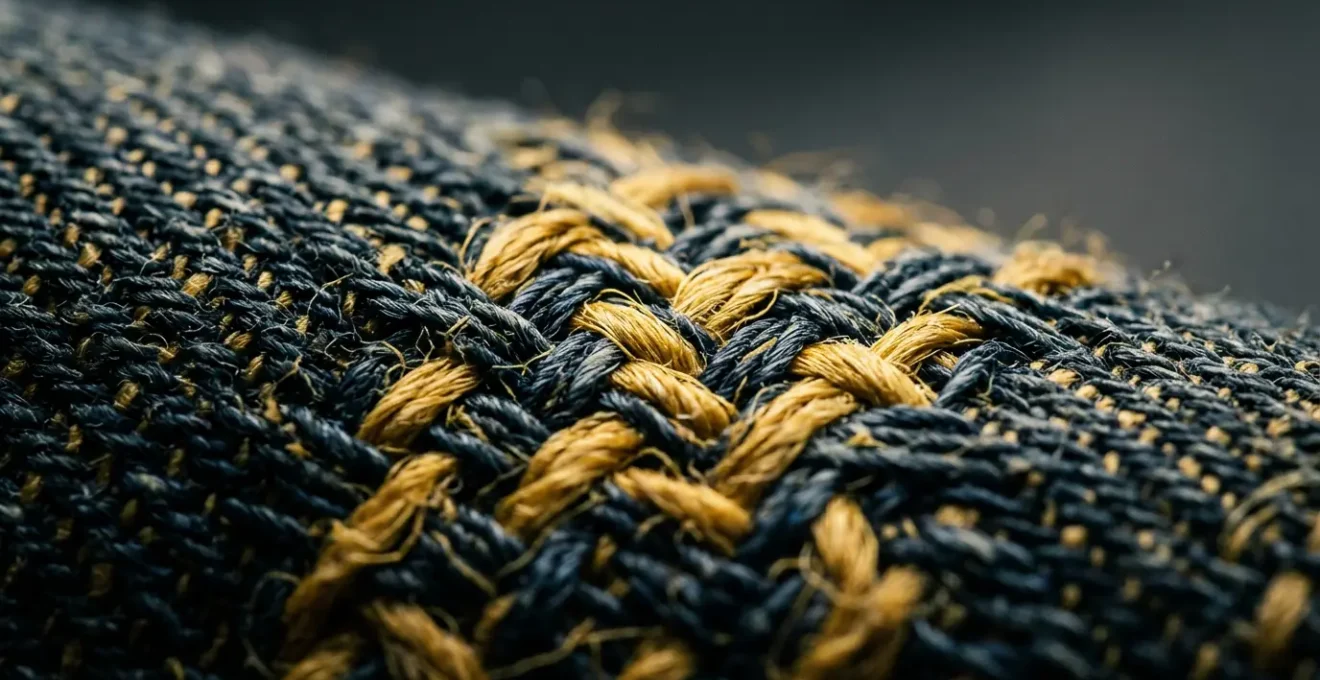 Détail macro d'un tissu technique de jean moto avec renfort aramide sous éclairage dramatique