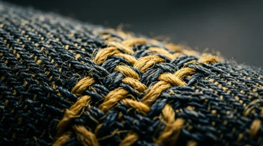 Détail macro d'un tissu technique de jean moto avec renfort aramide sous éclairage dramatique