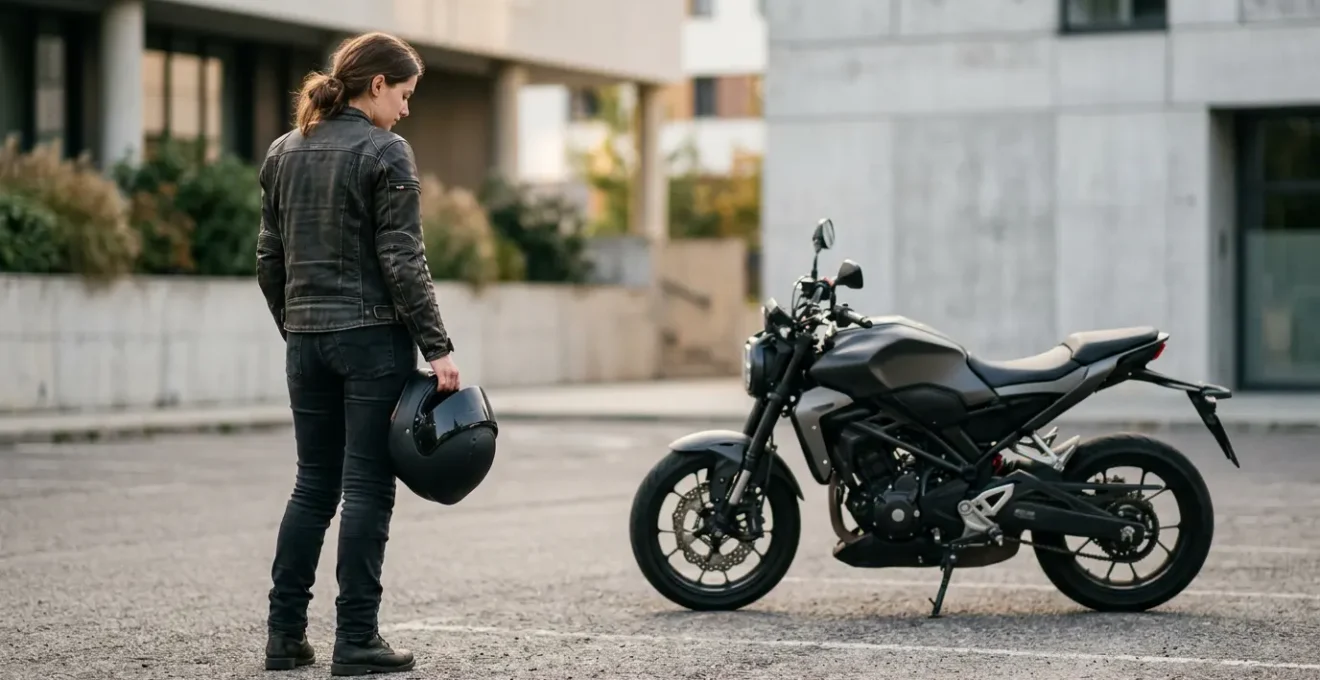 Jeune motard contemplant sa première moto permis A2 dans un environnement urbain
