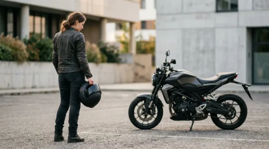 Jeune motard contemplant sa première moto permis A2 dans un environnement urbain