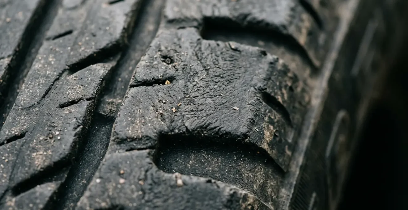Gros plan sur un pneu automobile montrant les détails de la bande de roulement et les indicateurs d'usure