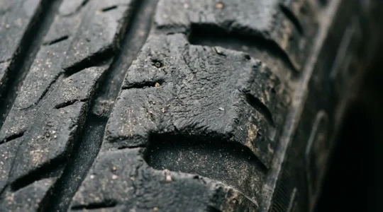 Gros plan sur un pneu automobile montrant les détails de la bande de roulement et les indicateurs d'usure