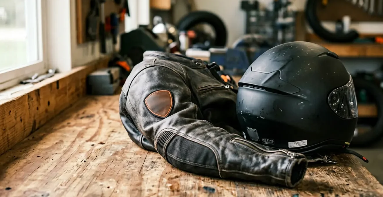 Équipement de protection moto détaillé après un accident montrant casque et blouson