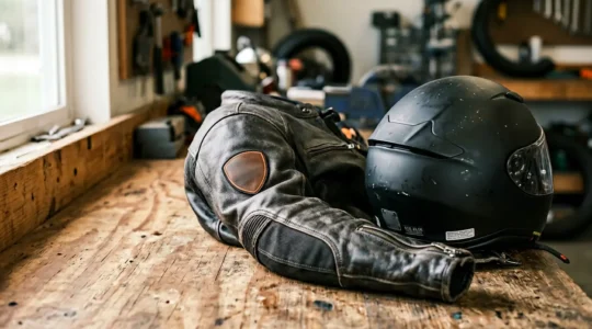 Équipement de protection moto détaillé après un accident montrant casque et blouson