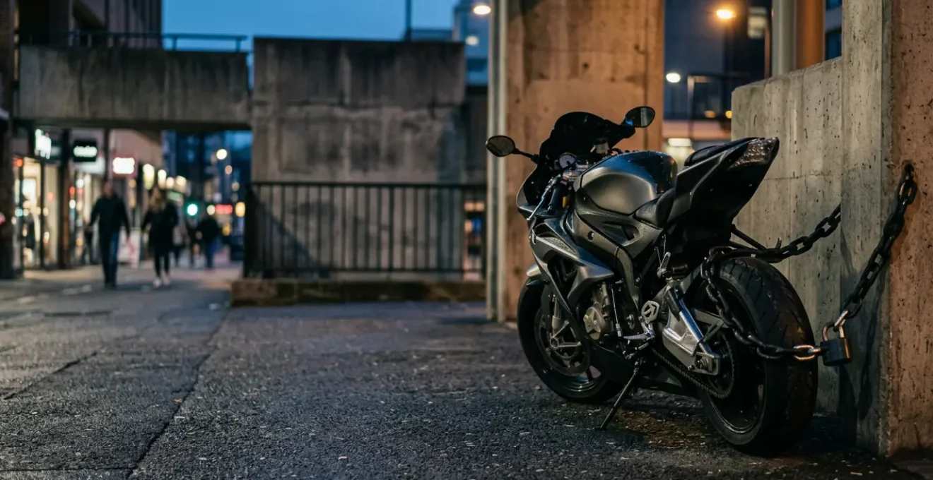 Moto sportive haut de gamme protégée par des systèmes de sécurité dans un environnement urbain moderne