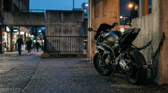 Moto sportive haut de gamme protégée par des systèmes de sécurité dans un environnement urbain moderne