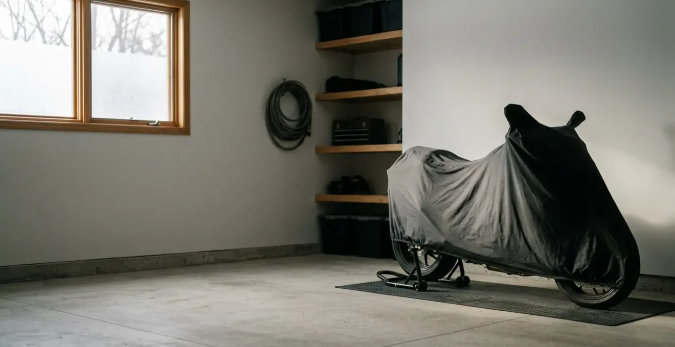 Moto sous housse de protection dans un garage pendant l'hivernage avec équipement d'entretien