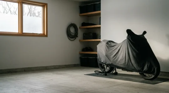 Moto sous housse de protection dans un garage pendant l'hivernage avec équipement d'entretien