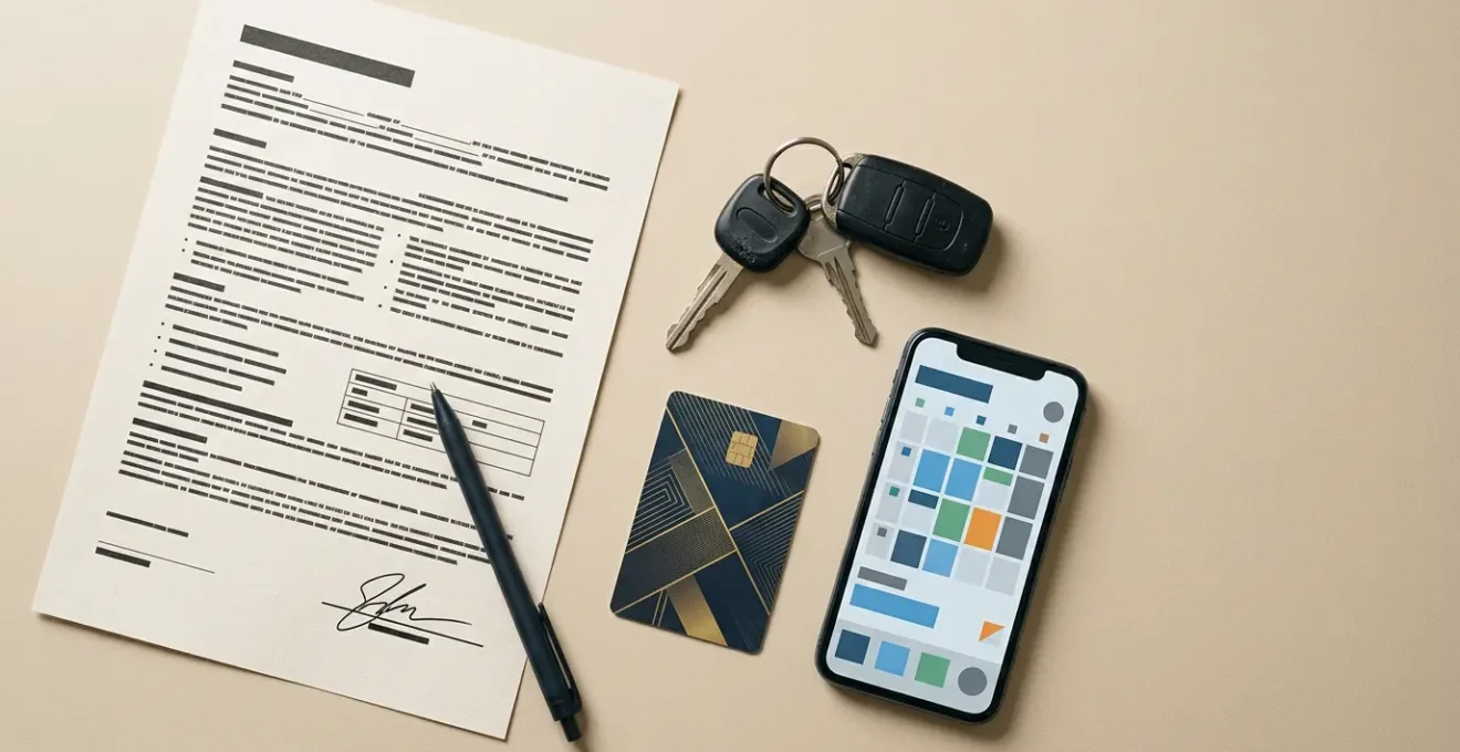 Scène éditoriale représentant l'univers de la location de voiture et des choix d'assurance