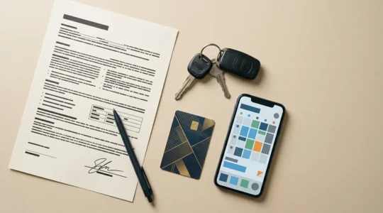 Scène éditoriale représentant l'univers de la location de voiture et des choix d'assurance