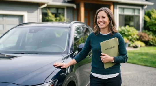Conducteur confiant devant son véhicule avec documents d'assurance automobile illustrant la récupération du bonus