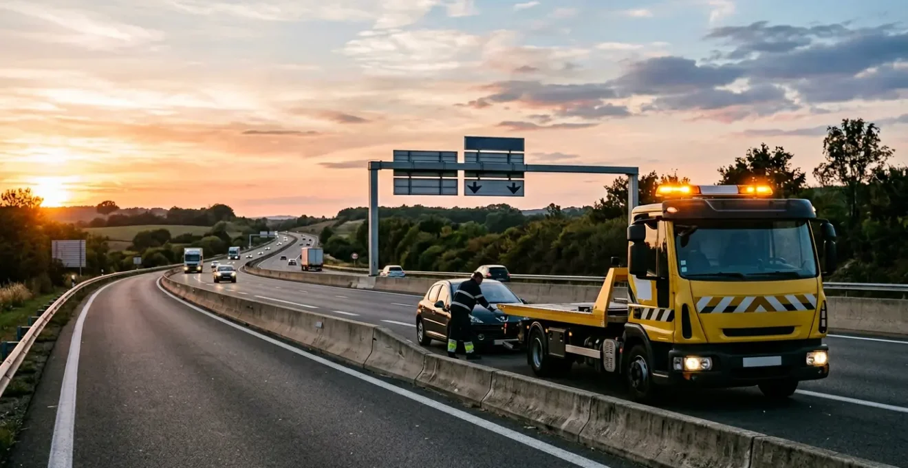 Dépanneuse professionnelle sur autoroute française en intervention d'urgence