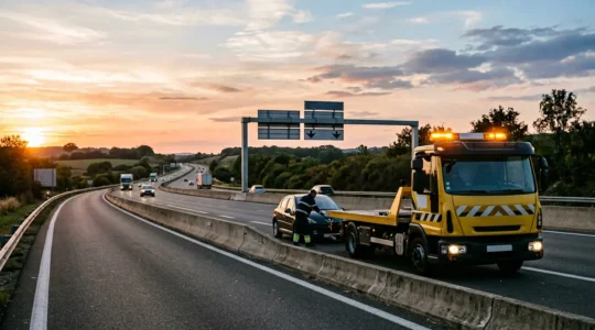Dépanneuse professionnelle sur autoroute française en intervention d'urgence