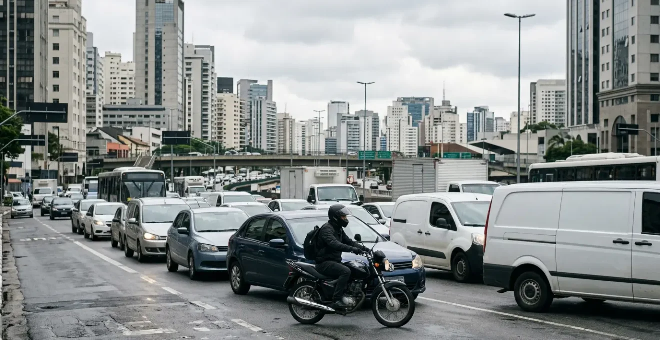Motard circulant en milieu urbain, évoquant les risques liés à la responsabilité civile en circulation dense