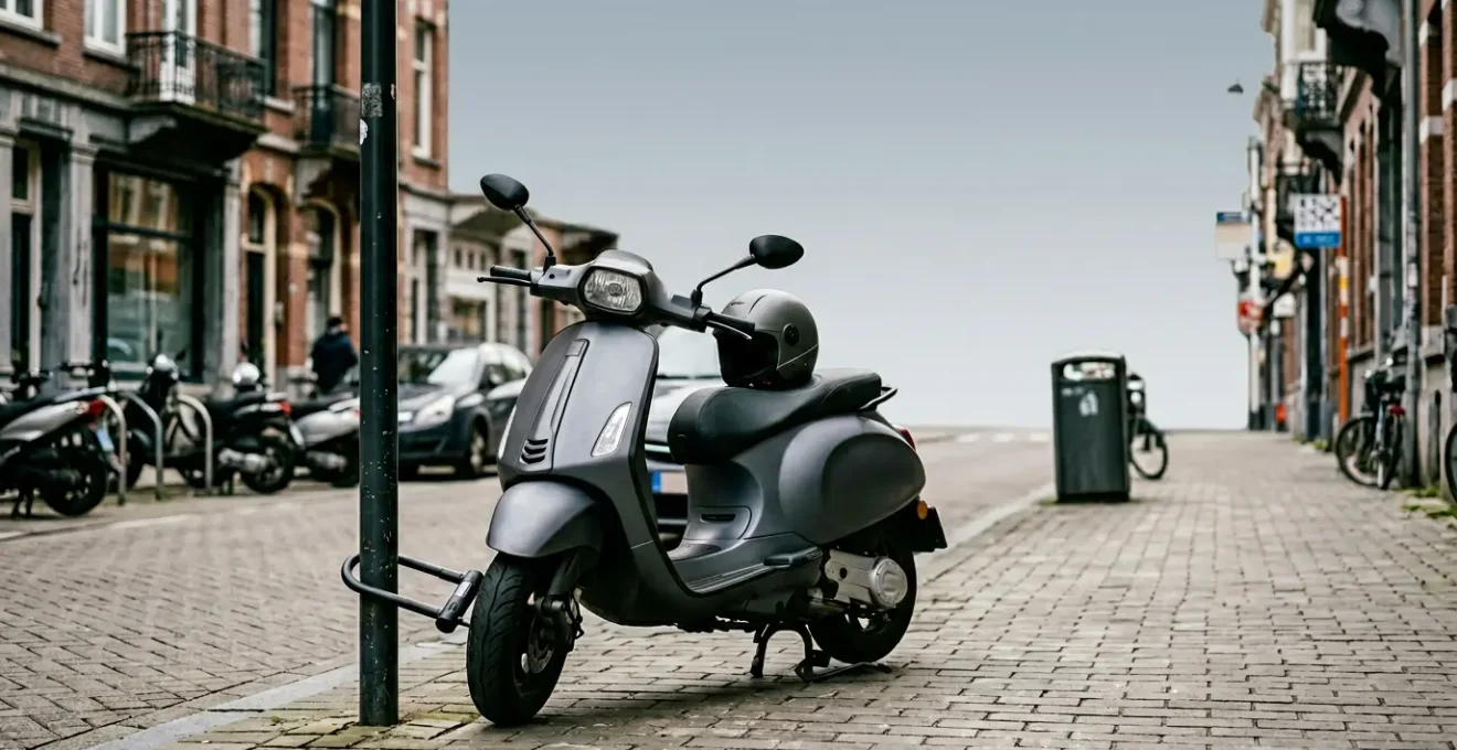 Scooter 125 stationne dans un environnement urbain avec antivol visible et circulation dense en arriere-plan
