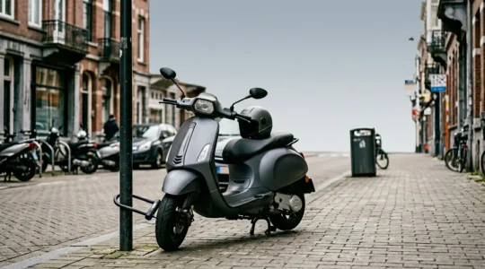 Scooter 125 stationne dans un environnement urbain avec antivol visible et circulation dense en arriere-plan