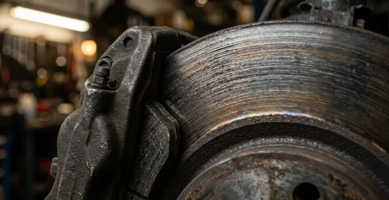 Inspection technique d'un système de freinage automobile avec disques et étriers en gros plan