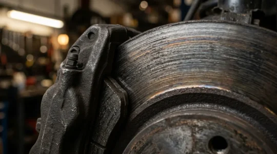 Inspection technique d'un système de freinage automobile avec disques et étriers en gros plan