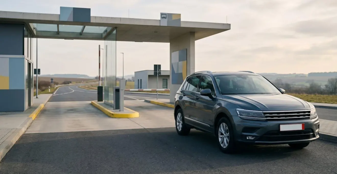 Véhicule en transit avec documents d'importation et plaques provisoires à la frontière