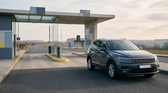 Véhicule en transit avec documents d'importation et plaques provisoires à la frontière