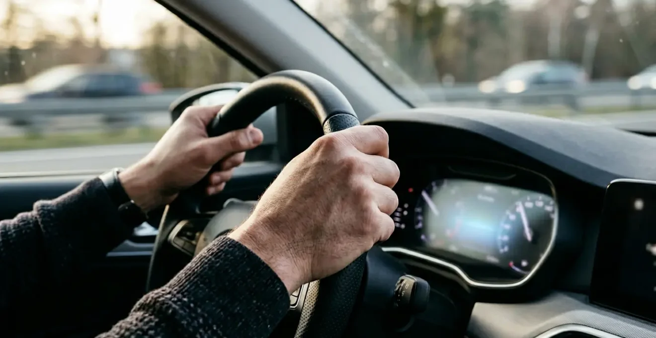 Gros plan sur un volant de voiture avec focus sur les mains du conducteur ressentant des vibrations à haute vitesse