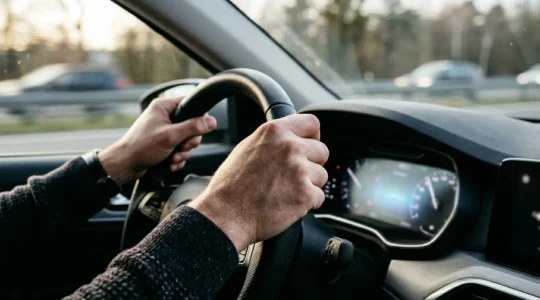 Gros plan sur un volant de voiture avec focus sur les mains du conducteur ressentant des vibrations à haute vitesse